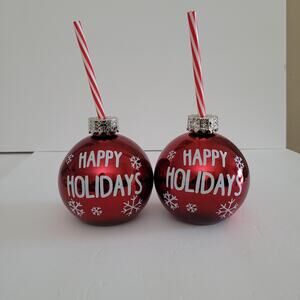 Festive Holiday Bauble Drinking Glasses with Straws - Set of 2
